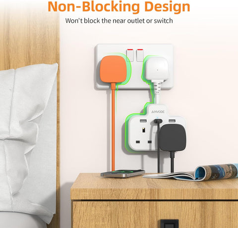 Double Plug Adaptor with USB, 2 Way Wall Adapter with Short Extension Lead, Multi Plug Socket Extender For Home Office (White)