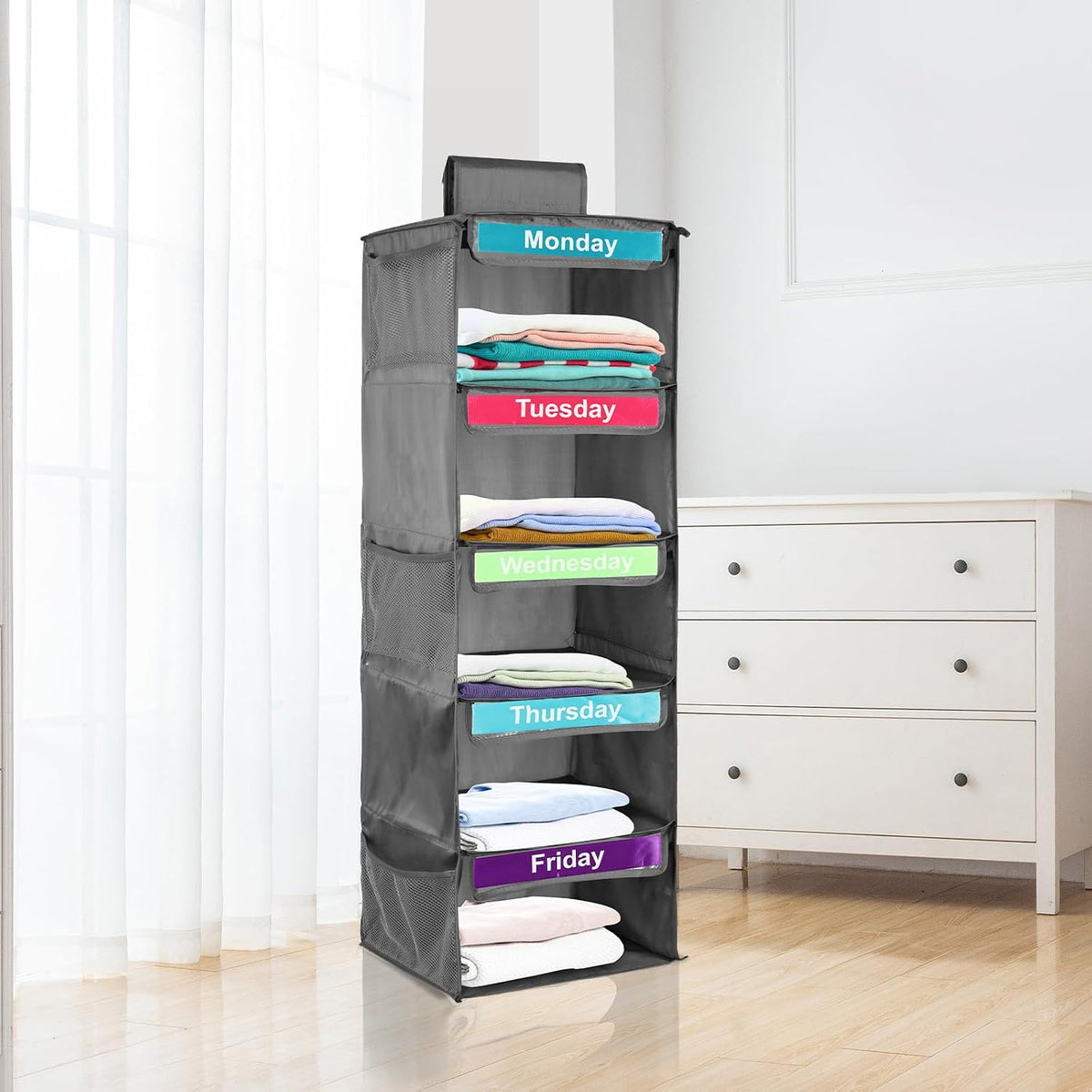 5- Shelf Weekly Clothes Organizer for Kids, Kids Daily Clothes Organiser, Day of Week Clothes Organiser ,Hanging Closet Organizer,Monday Through Friday Clothes Organizer for Hats T-Shirts (Grey)
