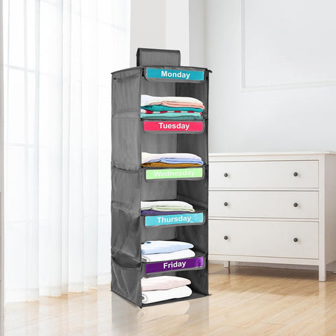 5- Shelf Weekly Clothes Organizer for Kids, Kids Daily Clothes Organiser, Day of Week Clothes Organiser ,Hanging Closet Organizer,Monday Through Friday Clothes Organizer for Hats T-Shirts (Grey)