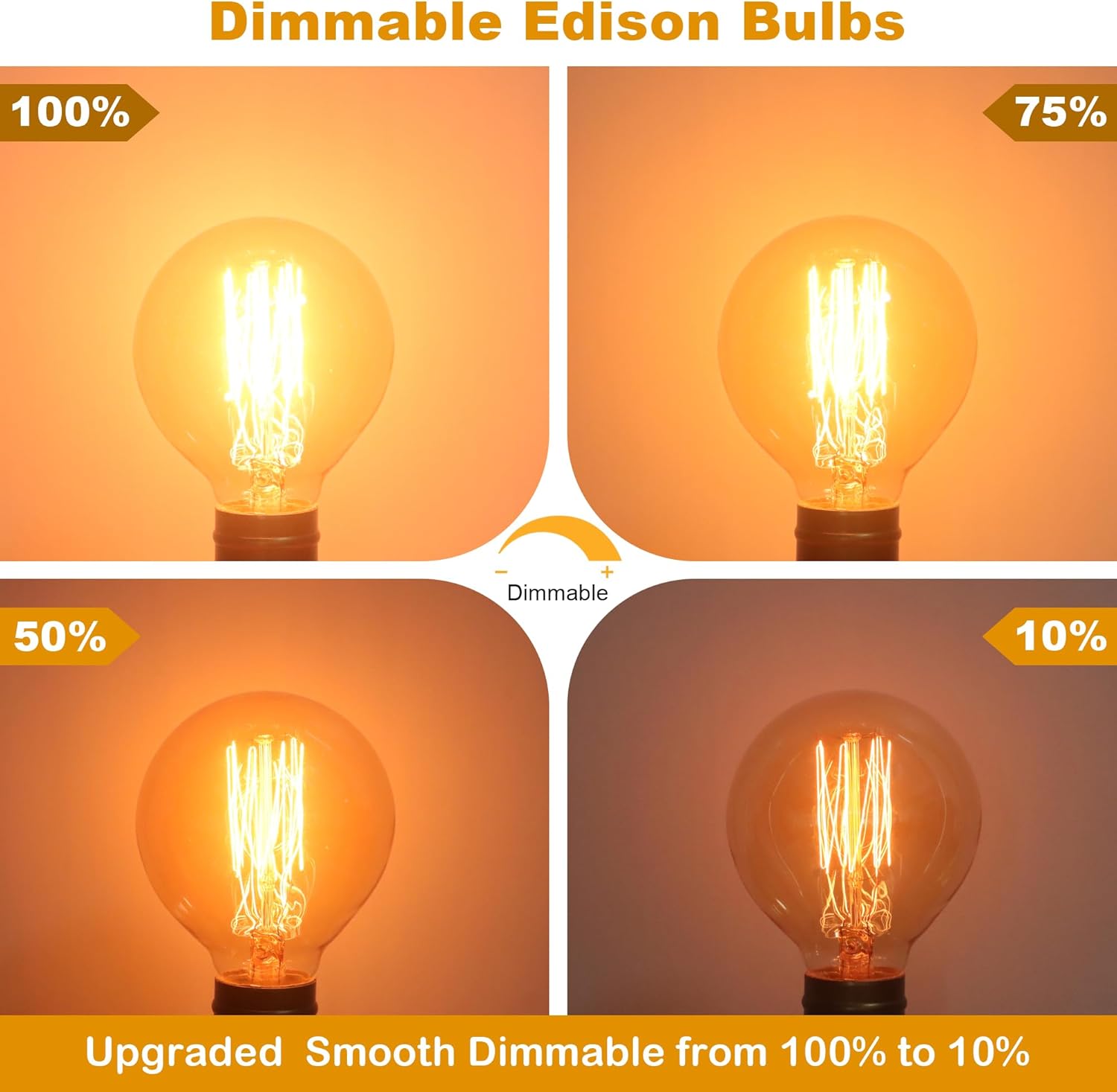Dimmable Edison bulbs showing different brightness levels with a dimmer control.
