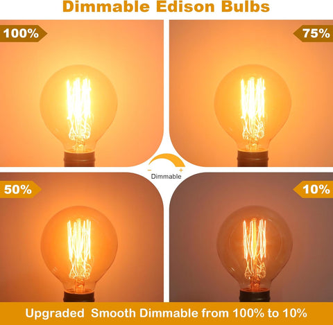 Dimmable Edison bulbs showing different brightness levels with a dimmer control.