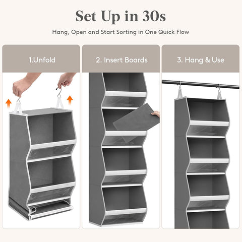 Lifewit 4-Tier Hanging Wardrobe Storage Organiser – Grey Foldable Closet Shelves with Clear PVC Window