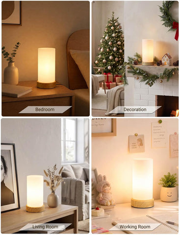 Small Glass Touch Bedside Lamp with 3-Way Dimming, E14 LED Bulb & Wood-Grain Base – Compact Table Lamp for Bedroom, Living Room & Desk