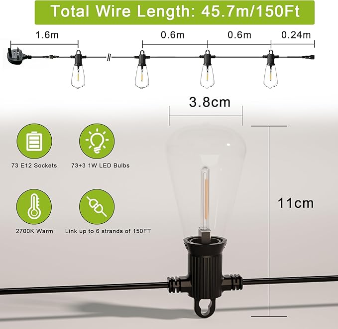 Outdoor Festoon Lights Mains Powered 45.7m / 150ft Garden String Lights Waterproof with 73+3pcs LED Bulbs Shatterproof Vintage Dimmable for Outside Fence Terrace Gazebo Wedding Festival
