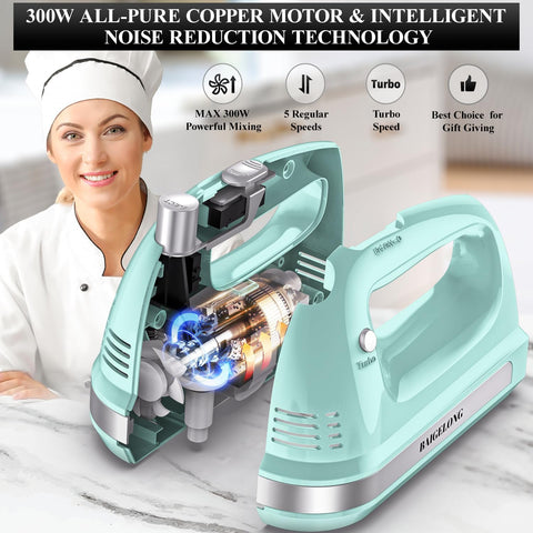 300W Hand Mixer with 5 Speeds + Turbo, 5 Stainless Steel Attachments – Powerful Kitchen Blender for Baking, GREEN