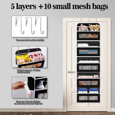 KYEVIS Over The Door Storage Organiser, 5 Shelves with 10 Mesh Pockets, Dark Grey – Keep Baby Essentials Neatly Within Reach