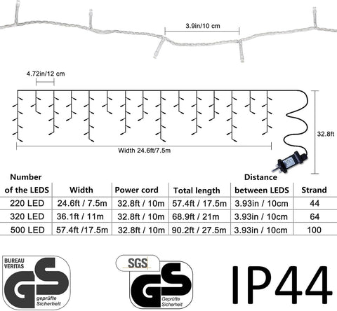 220LED Gresonic Icicle Lights 7.5m Warm White – 8 Modes, Timer & IP44 Outdoor Christmas String Lights - Turn Blank Walls Into a Warm Festive Glow