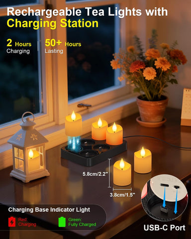 6PCS Rechargeable LED Tea Lights with Charging Station, Remote Timer Flameless Flickering Candles for Home & Holiday Décor