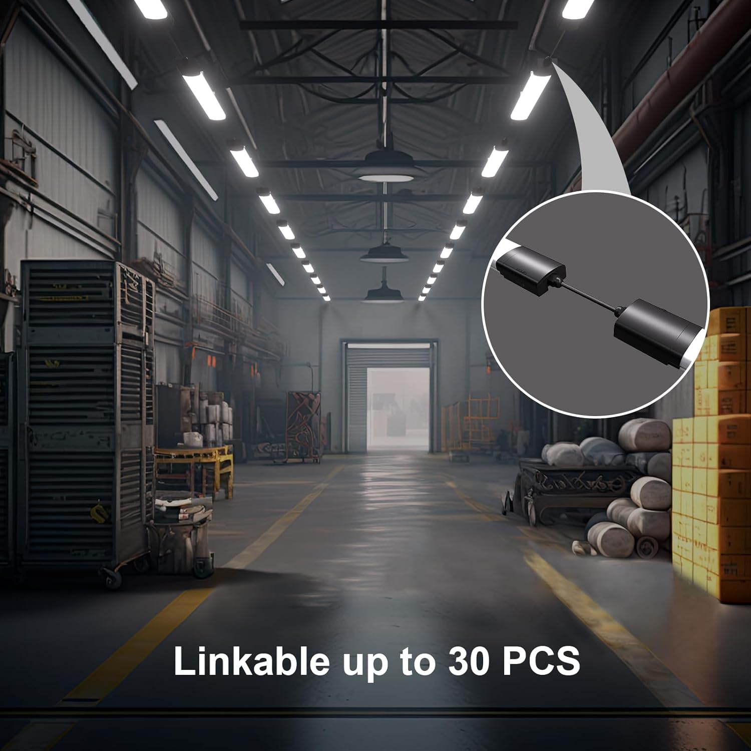 Warehouse interior with a focus on a linkable product feature