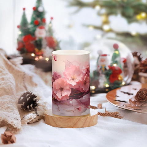Pink Flower Marble Flameless LED Candles Set of 2, Battery Operated Decorative Candles with Remote & Timer