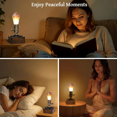 Lustaled Vintage Industrial Table Lamp with Wooden Base & Crystal-Filled E27 LED Bulb – 5W 3000K Warm White Bedside Lamp with 1.8m Cable for Bedroom, Desk & Living Room