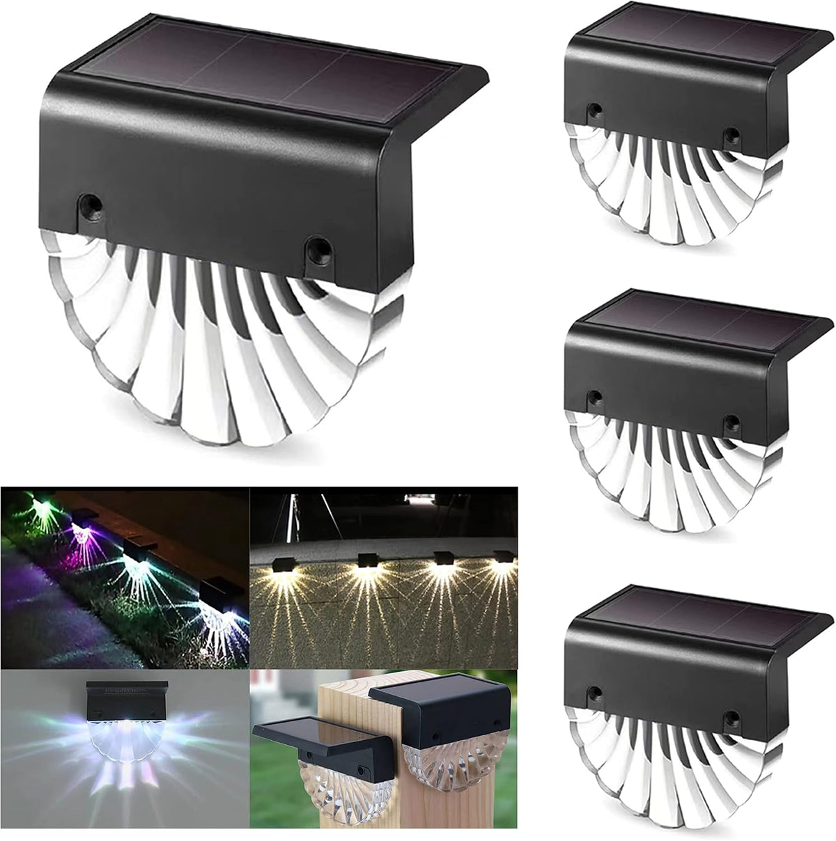 OneUan - 4 x Outdoor Solar Light Shell RGB Acrylic LED Solar Light for Garden, Fence, Patio and Steps, Waterproof IP65, Warm White + RGB Colour, 10 Lm, Pathway Lighting, Facades.