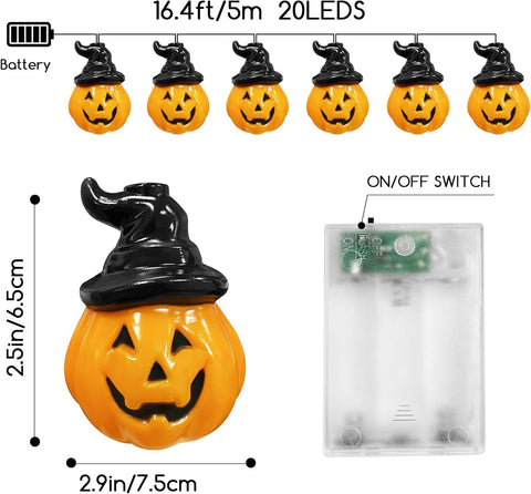 Jsdoin 5m Halloween Pumpkin String Lights – 20 LED Battery Powered Warm White Fairy Lights for Indoor & Outdoor Party, Garden, Home & Festival Decorations