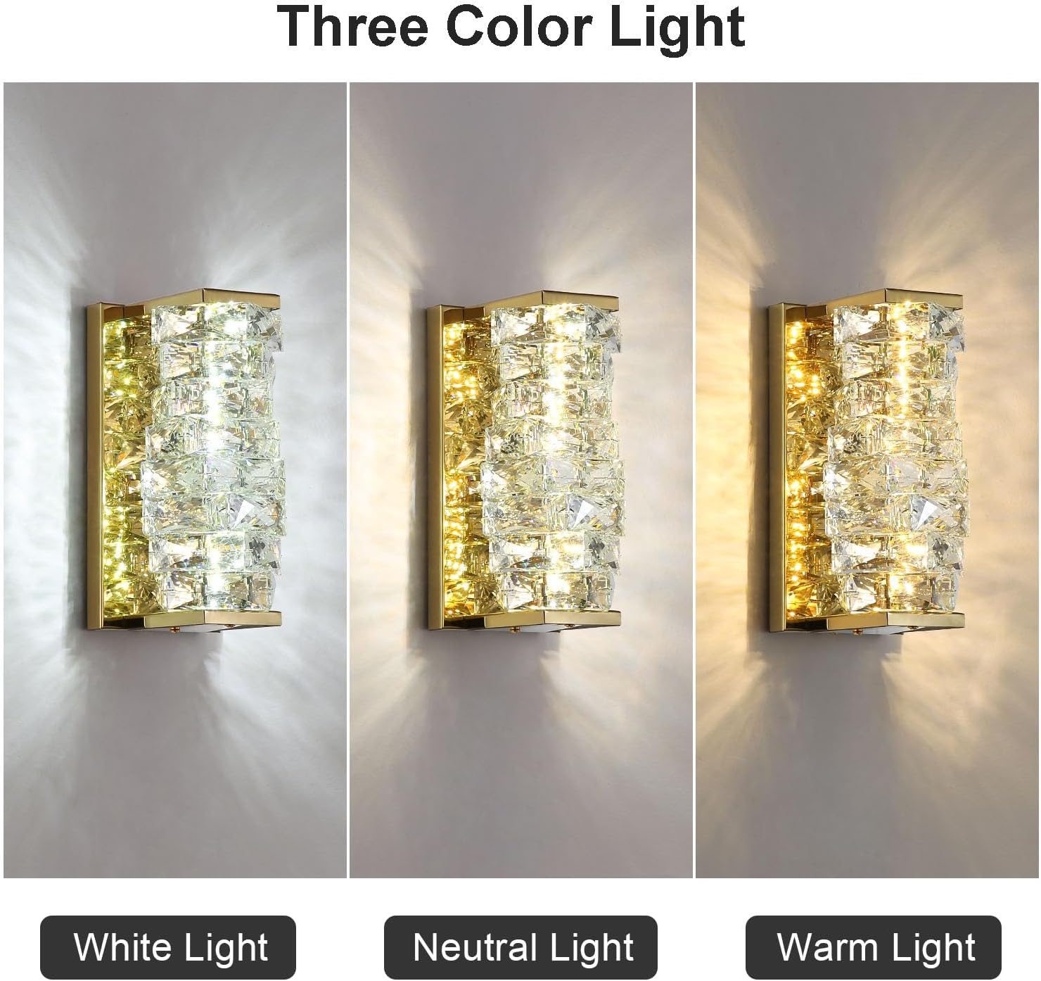 Three wall sconces emitting different colored lights on a gray background