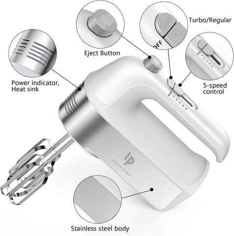 LILPARTNER 450W Electric Hand Mixer with Scale Cup & Storage Case – Silver White