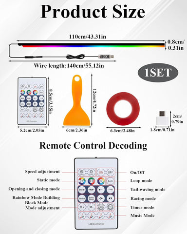 Acrylic Car Interior LED Strip Lights – 16 Million RGB Colours, 110cm USB Ambient Light with APP, Remote Control & Music Sync for Universal Vehicles