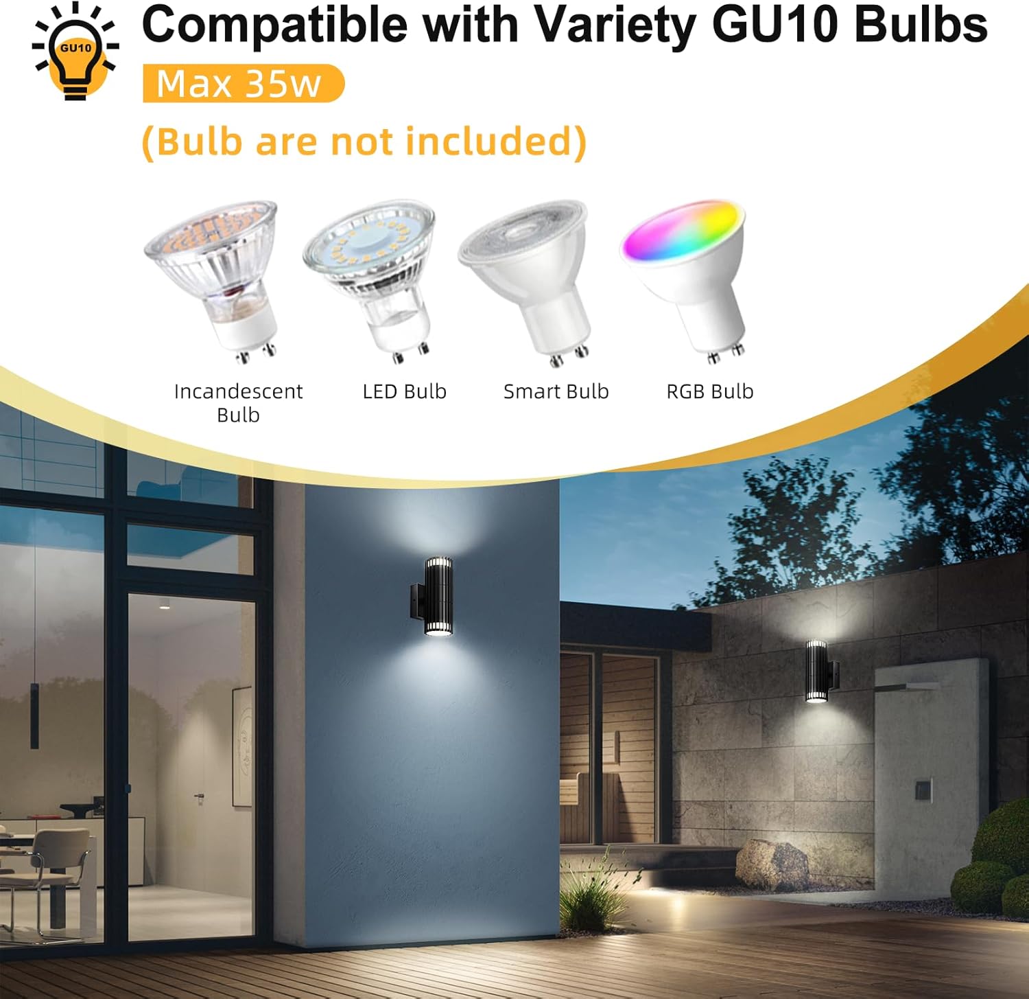 Light fixture compatible with variety GU10 bulbs in a home setting.