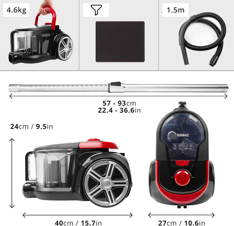 Duronic VC7020 Powerful 800W Bagless Cylinder Vacuum Cleaner 2.5L HEPA Filter, Turbo Brush, Lightweight Cyclonic Vacuum for Pet Hair