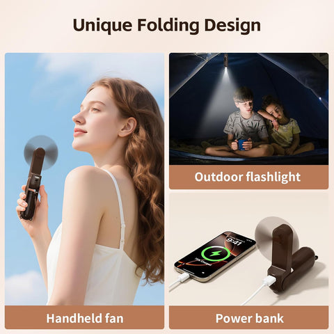 Handheld Mini Fan, USB Rechargeable 3 IN 1 Portable Fans with Power Bank, Flashlight, Small Foldable Pocket Design for Travel & Concerts, Emergency Essentials for Outdoor, Gifts for Women (Brown)