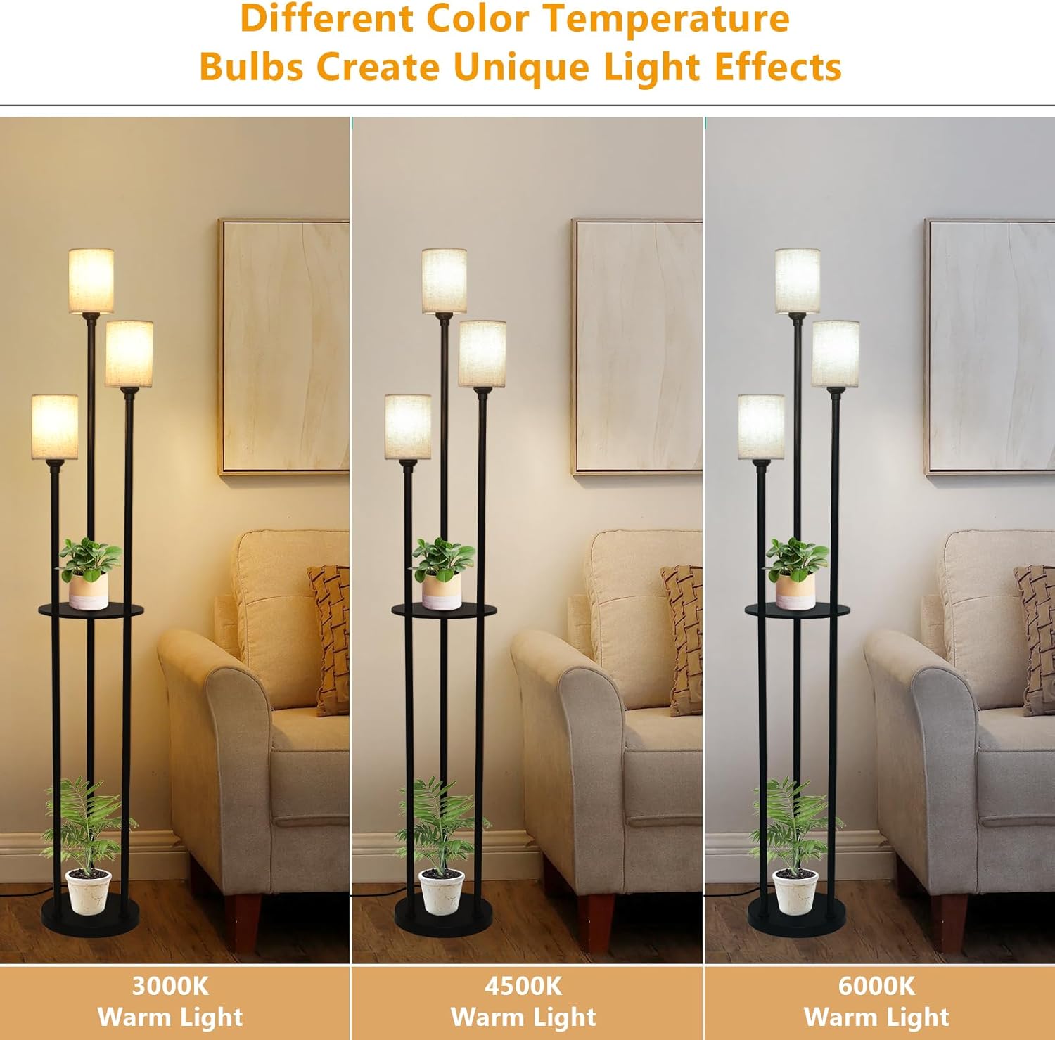 Three views of a floor lamp with different color temperature bulbs in a living room setting.