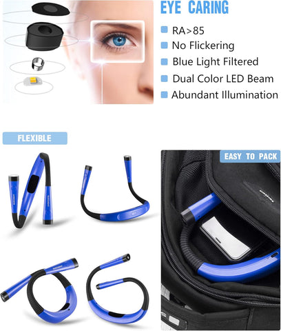 Lake Blue LED Neck Book Light – Hands-Free, USB-C Rechargeable Light with 3 Color Modes, 6 Brightness Levels & Flexible Arms – Ideal for Bedtime Reading, Knitting, Camping & More