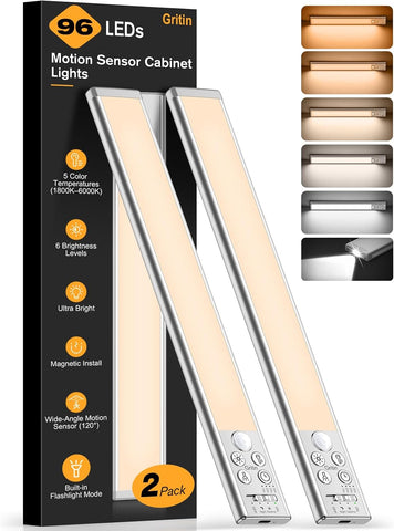 Gritin 2026 Gen 2 Under Cabinet Lights Rechargeable – 2 Pack Magnetic LED Kitchen Lights with Motion Sensor & Torch - Brighten the Forgotten Corners and Keep a Torch Close When You Need It
