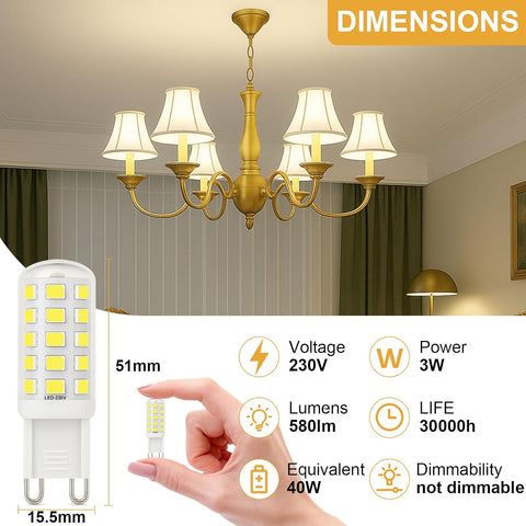 3W G9 LED Bulbs Cool White 580LM, 6000K Energy Saving Light Bulbs Equivalent to 40W Halogen, No Flicker Capsule GU9 LED Bulb for Home Lighting Decor, Chandelier, Not Dimmable, 220-240V,4 Pack
