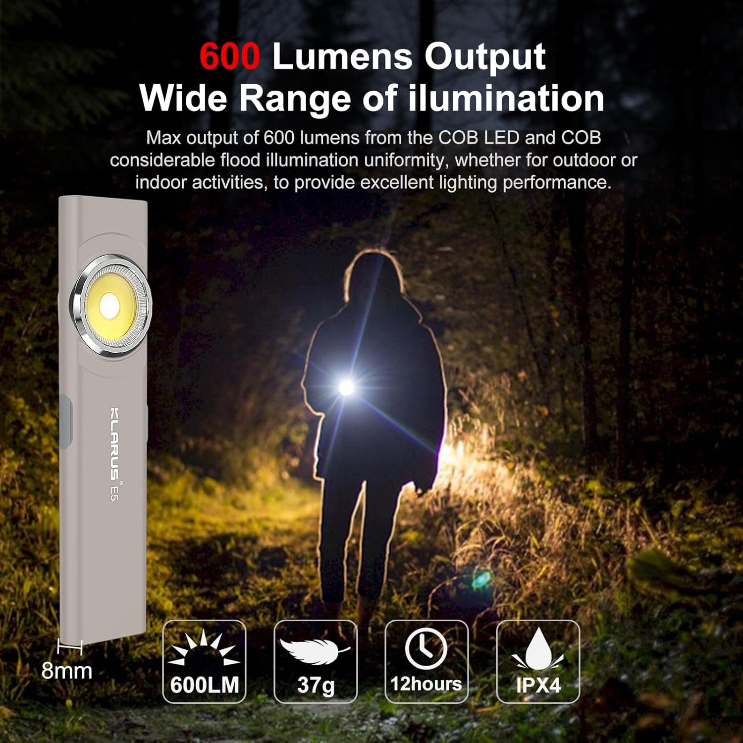 Flashlight with 600 lumens output in a dark forest setting