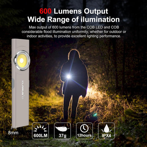 Flashlight with 600 lumens output in a dark forest setting
