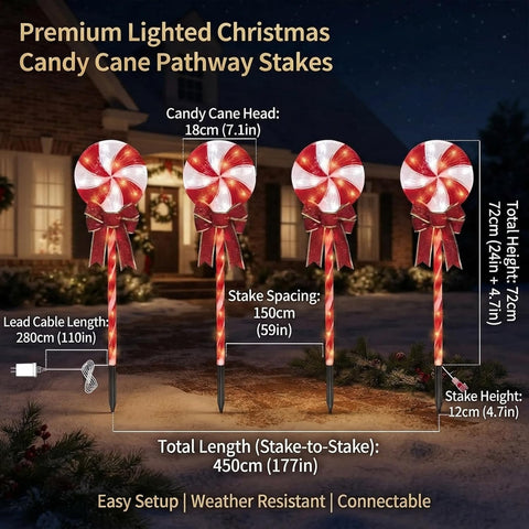 24 Inch 96 LED Lollipop Candy Cane Pathway Lights, 4 Pack with Ground Stakes, 29V Plug-in, Outdoor Christmas Yard Decor