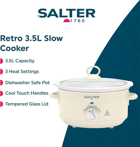 Salter Retro Cream 3.5L Slow Cooker – 3 Heat Settings & Keep Warm