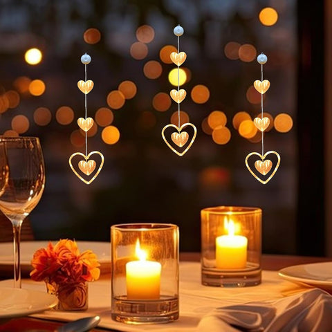 3Pcs LED Heart Shaped Fairy Lights, Battery Powered Valentine Window Lights with Suction Cups, Love Heart Hanging Curtain Lights for Window, Door & Home Decor