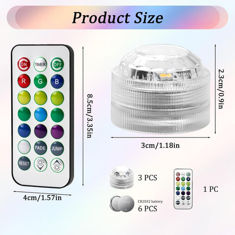 3 Pack Mini Submersible LED Lights – Waterproof RGB Underwater Lights with Remote Control, Adjustable Brightness & Timer for Pools, Aquariums, Fountains, Vases & Events