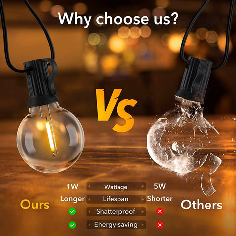 Comparison of two light bulbs with text highlighting features and benefits.