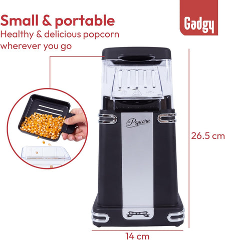 Gadgy Hot Air Popcorn Maker Black – Oil-Free Retro Popcorn Machine