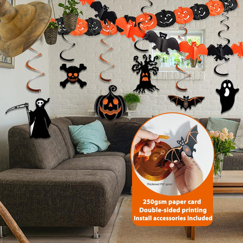 AMLOOPK Halloween Decorations Indoor Set – Happy Halloween Banner, Bunting, Hanging Decorations, Bats, Balloons & Garlands for Halloween Parties, Homes, Schools & Offices