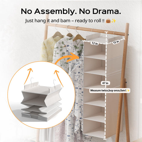 Extra Deep 6-Shelf Hanging Wardrobe Organiser, Grey – Heavy-Duty Foldable Clothes Storage with 4 Large Mesh Pockets