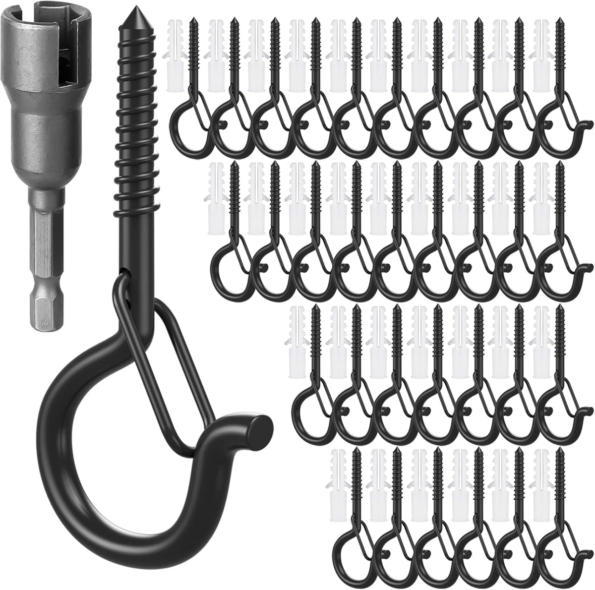 Screw in Hooks with Safety Buckle, (Black-32 PCS) | 7 Pcs Black Ceiling Hooks, Outdoor Garden Hooks for Christmas Lights,Rope Lights,Fairy Lights,Hanging Plants,Bird Feeders