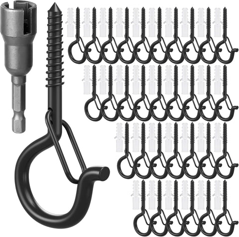 Screw in Hooks with Safety Buckle, (Black-32 PCS) | 7 Pcs Black Ceiling Hooks, Outdoor Garden Hooks for Christmas Lights,Rope Lights,Fairy Lights,Hanging Plants,Bird Feeders