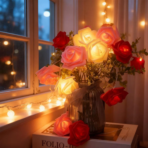 Rose Flower Fairy String Lights 6M with 40 LEDs, Battery Operated Decorative Lights for Romantic Indoor Décor