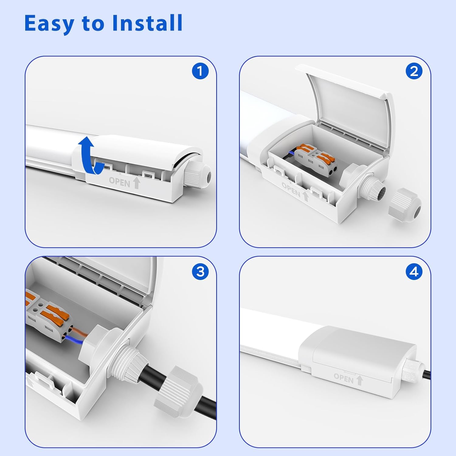 Step-by-step guide on how to install a cable management system with clear illustrations.