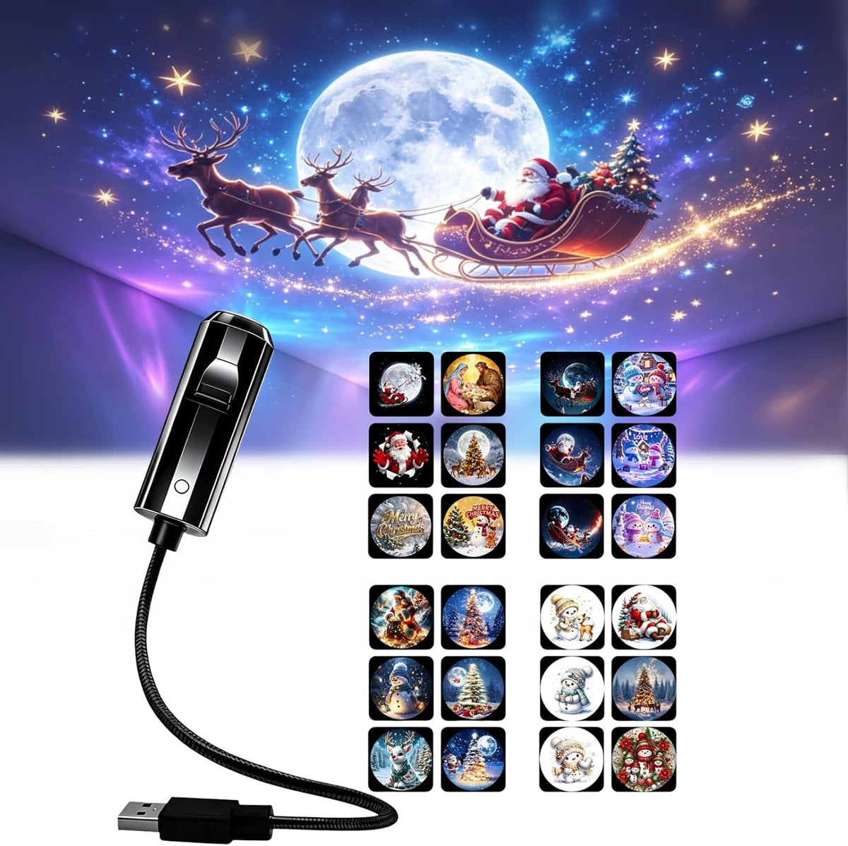 Plug and Play HD Christmas Projector with 24 Festive Scenes, 360° Adjustable USB LED Christmas Light for Indoor & Outdoor Christmas Decorations