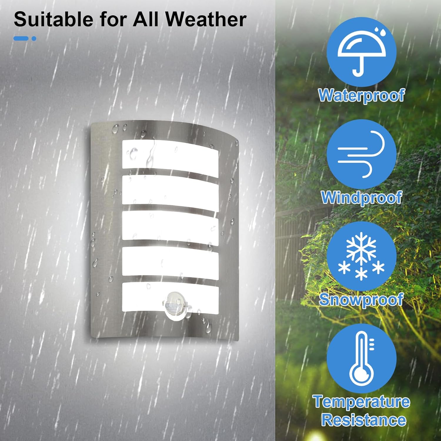 Outdoor light fixture with weather resistance features in a rain and snow environment