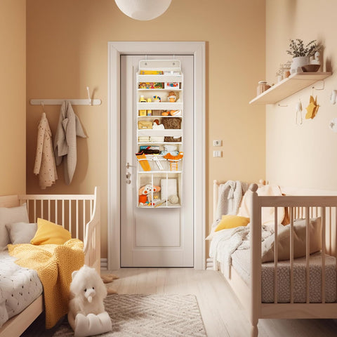 EZVERY Over the Door Baby Nappy Organiser, Beige Hanging Nursery Storage with 3 Bins, Removable Nappy Caddy and 10 Mesh Side Pockets