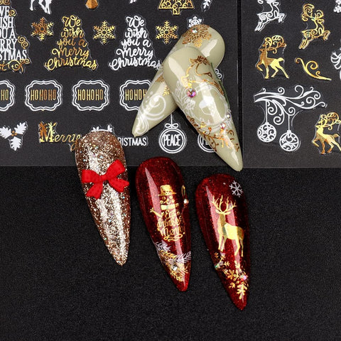 9 Sheets Christmas Nail Art Stickers Gold & White – Self-Adhesive Reindeer