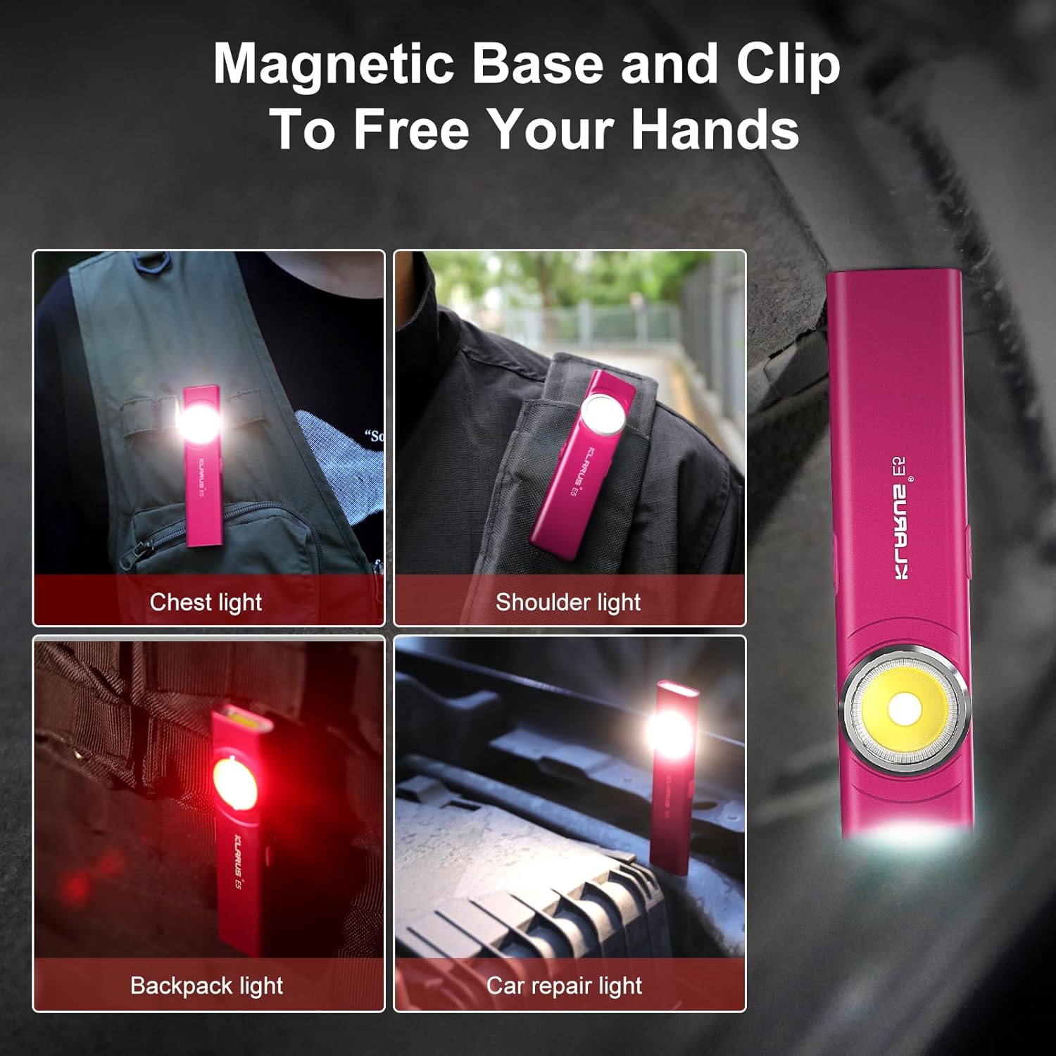 Pink flashlight with magnetic base and clip features shown in various use cases.