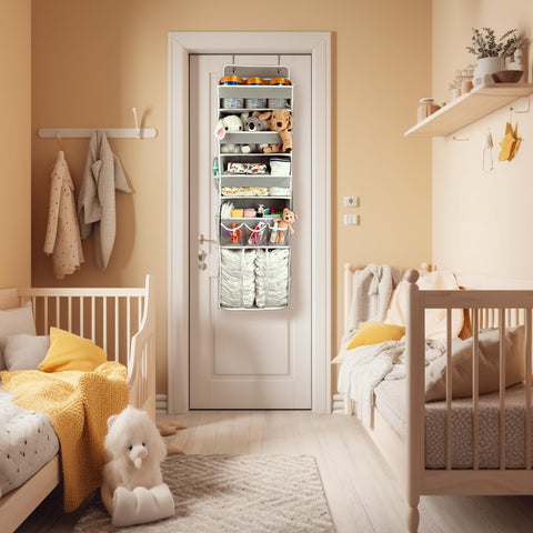 EZVERY Over the Door Baby Nappy Organiser, Beige Hanging Nursery Storage with 3 Bins, Removable Nappy Caddy and 10 Mesh Side Pockets