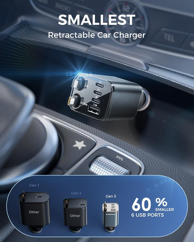 SUPERONE 99W 6-Port Retractable Fast Car Charger Adapter