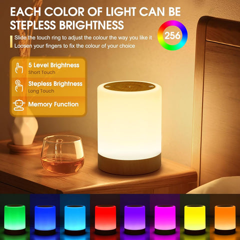 ONEWAY Night Light LED Touch Bedside Lamp – 256-Colour RGB Rechargeable Night Light with Timer, Memory, Dimmable Brightness & Portable Hook for Bedrooms, Kids & Travel