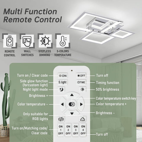 Multi-function remote control with labeled functions and a ceiling light in the background